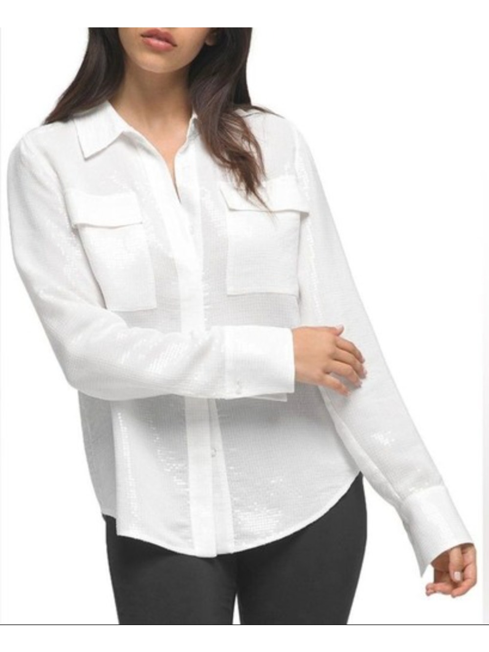Good American White Sequin Sheer Button Up Blouse Size 3